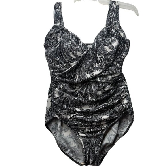 Lands End One Piece Paisley Floral Black White Side Rushing Swimsuit 12 Wireless - Picture 1 of 6